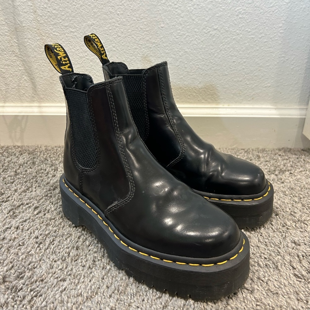 Dr. Martens Platform Chelsea Black Vegan Leather Boots with Yellow Stitching